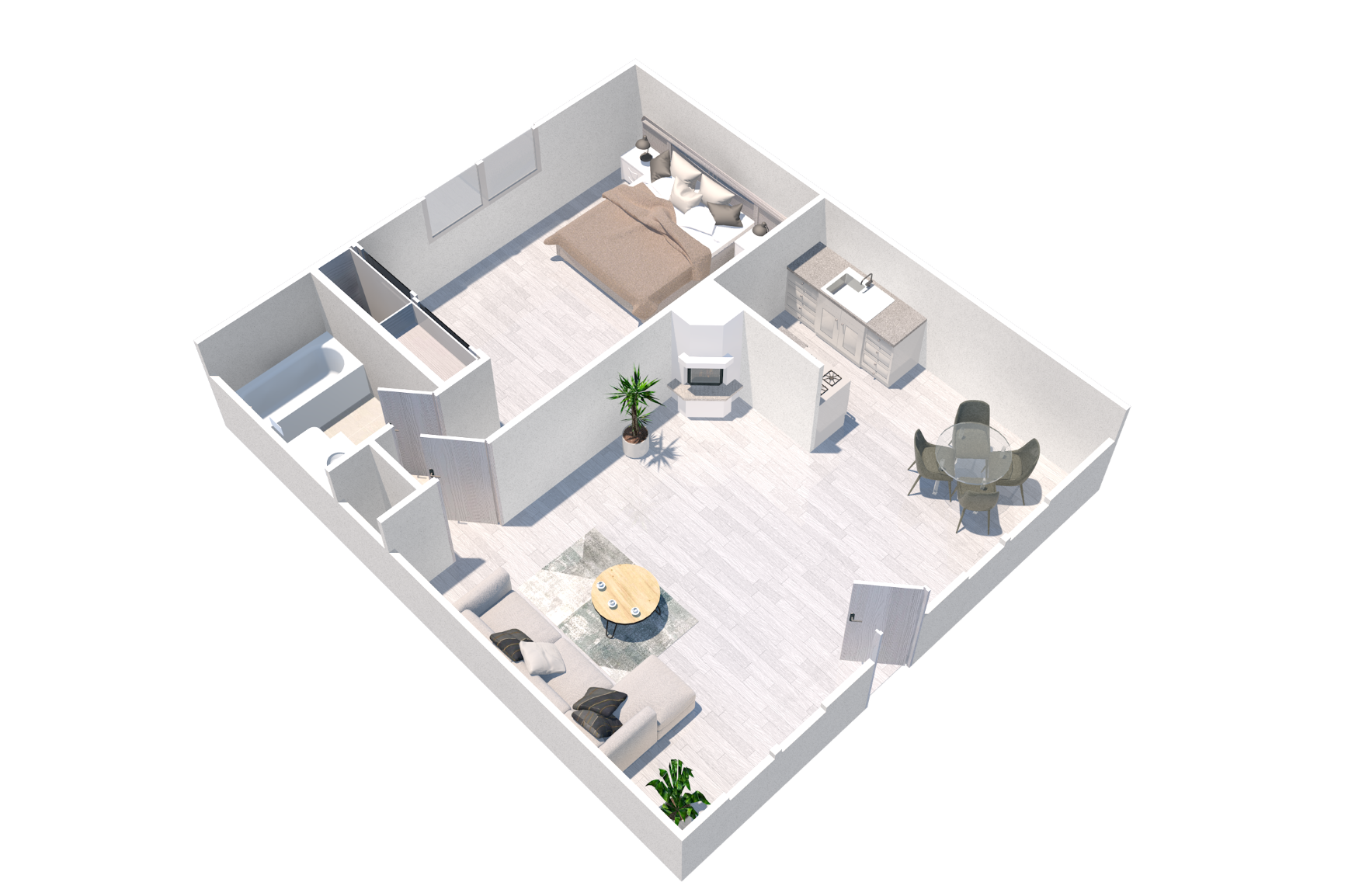 Floor plan for 1 bed, 1 bath, 672 sqft
